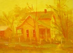 a painting of a yellow house with trees in the foreground