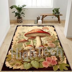 a rug with mushrooms and flowers on it