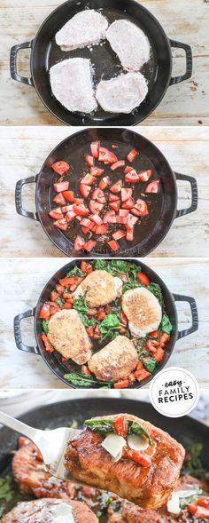 four different pans with meat and vegetables cooking in them on top of each other