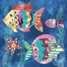 three colorful fish on a blue background with watercolor paint and gold trimmings