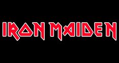 the iron maiden logo in red and black on a black background with text that reads,'iron maiden '