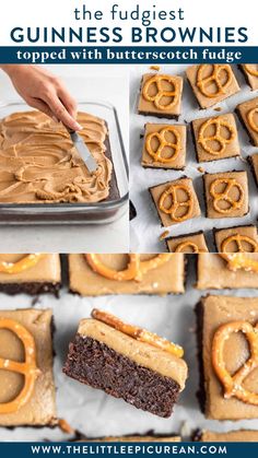 frosted Brownies being made and served with text overlay the fudgiest Guinness Brownies topped with butterscotch fudge.