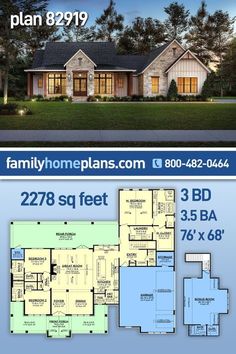 two story house plan with 3 beds, 2 baths and an open floor living area