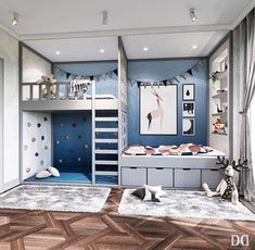 a child's bedroom with bunk beds, rugs and decorations on the floor