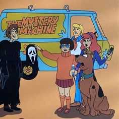 the mystery machine with cartoon characters standing in front of it and a van behind them