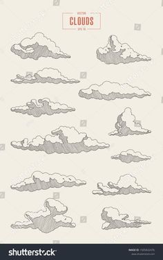 hand drawn clouds in the sky with different shapes and sizes, set of nine illustrations