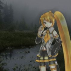 an anime character is standing in front of a pond and holding a long yellow ribbon