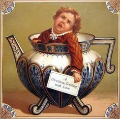 a painting of a baby in a teapot with a sign that says christmas pudding with love