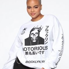 Wore This 1 Or 2 Times, Still Looks New. Edgy White Top For Fall, Edgy White Winter Top, Edgy White Tops For Winter, Loungewear Fashion, Loungewear Outfits, Fashion Nova Outfits, Hoodies For Women, White Graphic Tee, Notorious Big