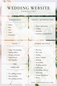 the wedding website checklist is shown with flowers and greenery on it's side