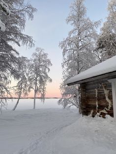 a cabin in the middle of winter with snow on the ground and trees around it