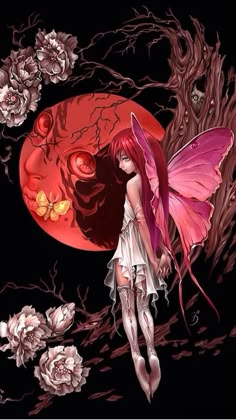 a girl with pink hair and butterfly wings standing in front of a full moon surrounded by flowers