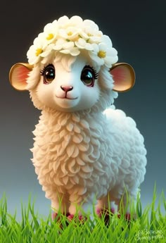 a white sheep with flowers on its head