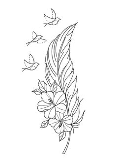 a black and white drawing of flowers with butterflies flying around it on a white background