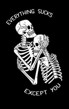 two skeletons hugging each other with the words everything sucks except you