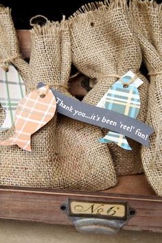 burlap bags with tags attached to them