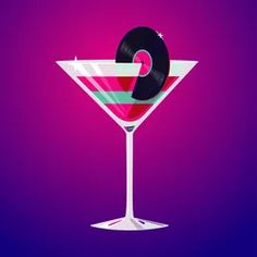 a martini glass with a vinyl record in it's rim on a purple background