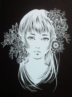 a black and white drawing of a woman with flowers in her hair on a black background