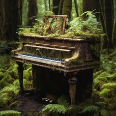 an old piano in the middle of a forest with moss growing on it's sides