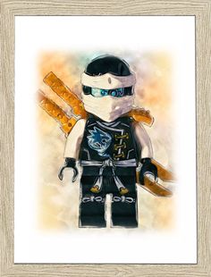 a painting of a lego ninja holding two skis