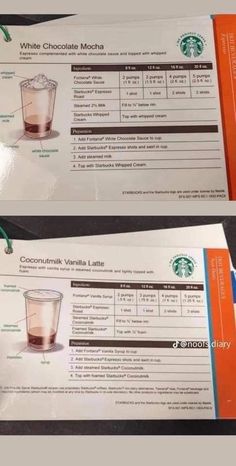 two coupons for starbucks coffee are on the table next to each other with drinks in them