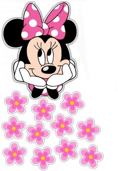 minnie mouse with pink flowers in the foreground and an image of her face on it