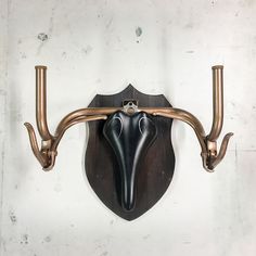 an animal's head mounted to the side of a wall with two horns on it