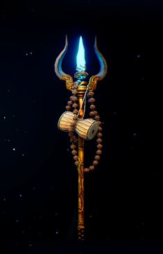 an artistic image of a candle with horns and beads hanging from it's side