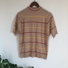 "Vintage striped mock neck sweater short sleeve acrylic knit shirt 60s mod 1960s vtg raglan stripe tee grunge Kurt Cobain sweater beige maroon mustard yellow unisex >> Please double check your measurements & compare to these listed below, for accurate sizing. Vintage often runs small, so don't rely on the tag size.  Tag reads: Lord James 100% acrylic   Measurements taken flat/unstretched : *Chest Width, armpit to armpit: approx 19 1/2\" (39\" chest) *Length, from top of shoulder/collar seam: app Vintage Beige Crew Neck Top, Retro Ribbed Winter Tops, Fall Striped Short Sleeve T-shirt, Striped Short Sleeve Fall T-shirt, Striped Short Sleeve T-shirt For Fall, Retro Fitted Tops With Ribbed Collar, Retro Fitted Top With Ribbed Collar, Brown Short Sleeve Casual Sweater, Casual Brown Short Sleeve Sweater