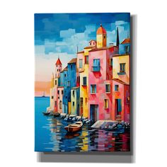 an oil painting on canvas of colorful houses and boats in the water with blue sky