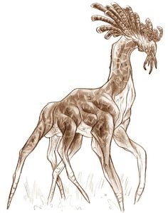 a drawing of a giraffe with its head turned to look like it's eating