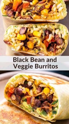 black bean and veggie burritos on a plate with text overlay