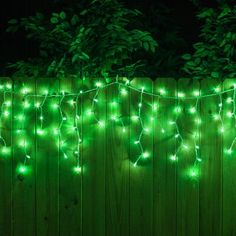 green christmas lights are hanging on a fence