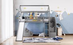 a child's bedroom with a bunk bed and slide