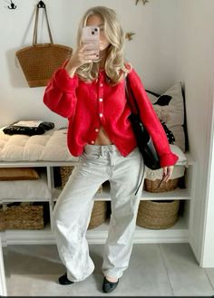 Red Button Up Sweater Outfit, Outfits With Red Sweater, Button Down Sweater Outfits, Red Sweater Vest Outfit, Red Cardigan Outfit Aesthetic, Red Sweater Outfit Aesthetic, Red Long Sleeve Shirt Outfit, Red Belt Outfit, Red Cardigan Outfit