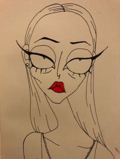 a drawing of a woman with long hair and red lipstick