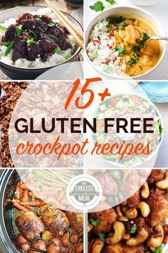 the top ten gluten - free crockpot recipes are featured in this collage