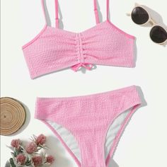 Girls Textured Pink Bikini Size 9/10. Brand New Never Worn. Tie Ruched Top Preppy Bathing Suits For Kids, Swimsuits For Teens Bikinis, Summer Swimsuits For Teens, Cute Swimsuits For Teens Bikinis, Swimsuits Korean, Preppy Bathing Suit, Pink Swimsuits, Preppy Swimsuit