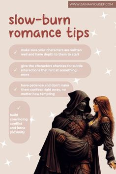 a poster with the words slow - burn romance tips written in english and an image of a