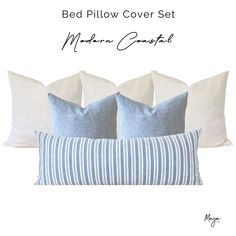 three blue and white striped pillows with the words bed pillow cover set written on them