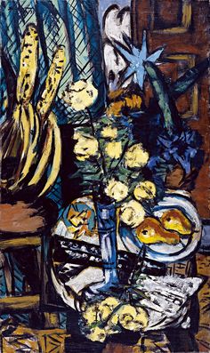 a painting of flowers in a blue vase on a table with bananas and other items