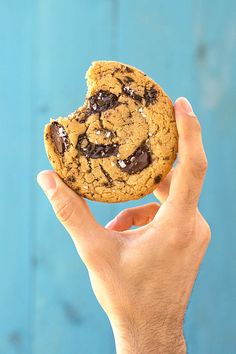 a hand holding up a chocolate chip cookie