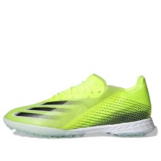 the adidas running shoe in neon yellow and white with black detailing on the upper part