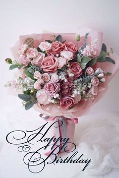 a bouquet of pink roses on top of a white background with the words happy birthday