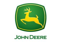 the john deere logo is shown in green and yellow with an antelope on it