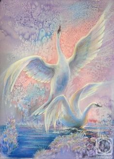 a painting of two white birds flying over water with pink sky in the back ground