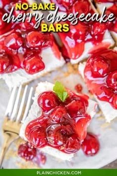 no bake cherry cheesecake bars on a white plate