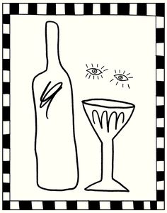 a drawing of a wine glass next to a bottle