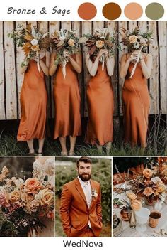 an orange and brown wedding color scheme with the bridesmaid's bouquets