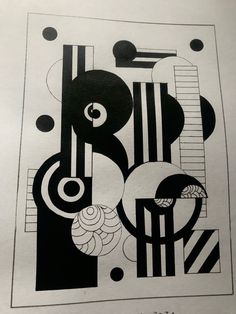 an abstract black and white painting with circles, lines, and shapes on it's paper